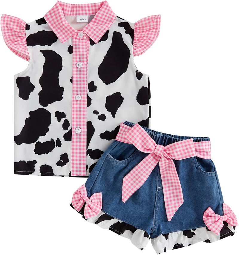 Mialoley Store Toddler Girl Denim Western Outfit Baby Cowgirl Clothes Ruffle Cow Print Shirt Button Down Tops Belted Jeans Shorts - Image 1